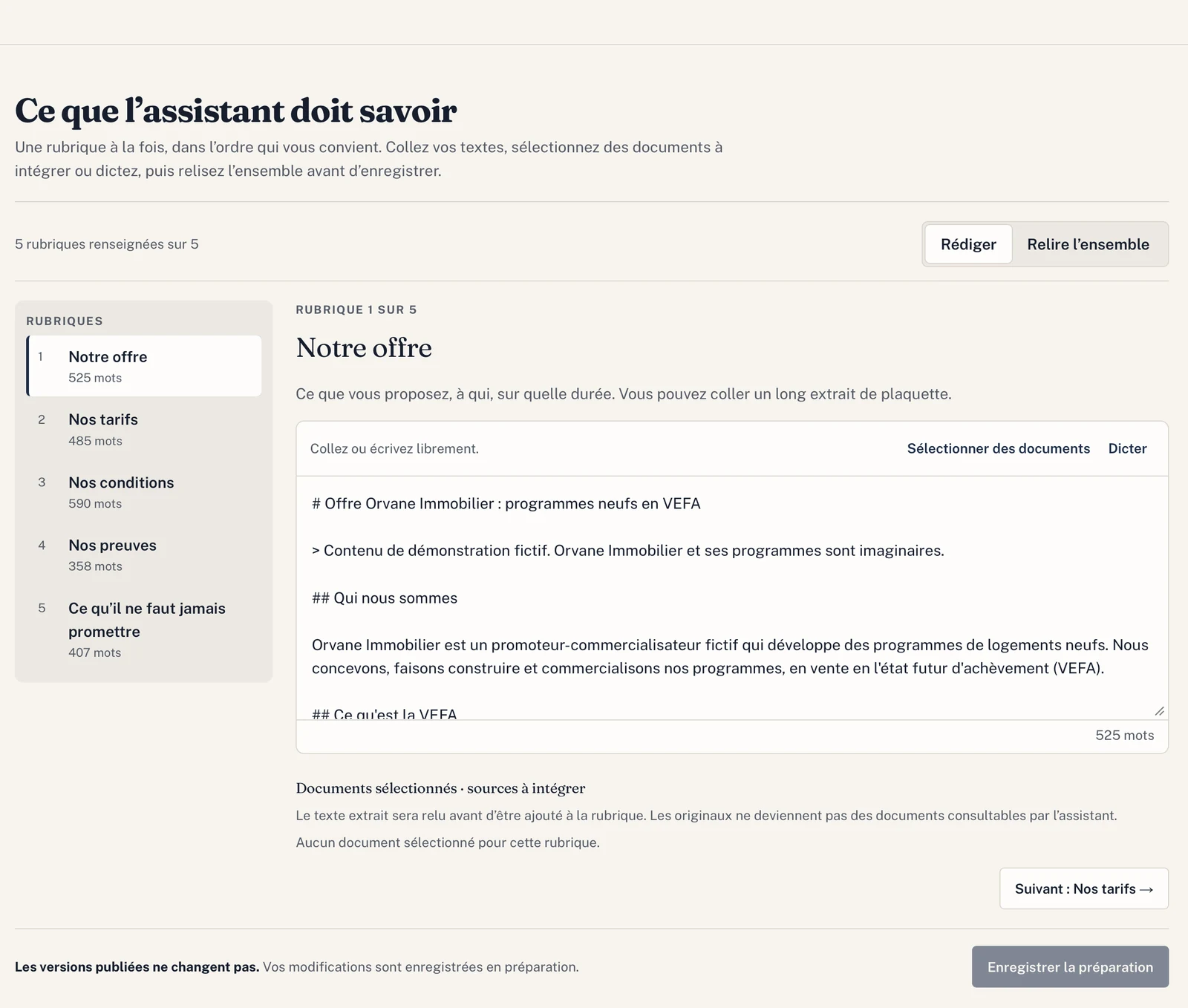Ce que l'assistant doit savoir : rubriques de l'offre, des tarifs, des conditions, des preuves et de ce qu'il ne faut jamais promettre